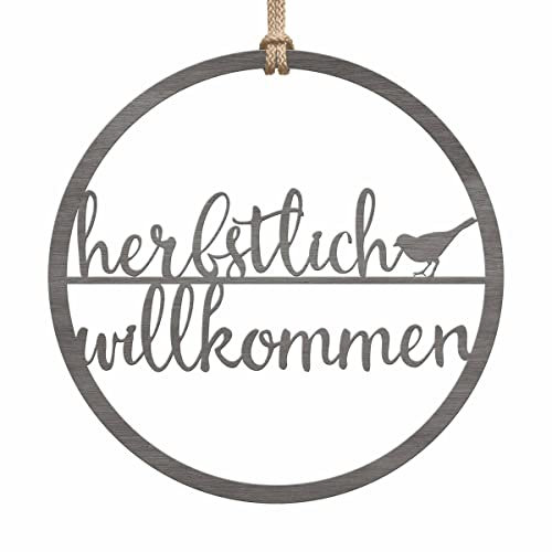 Holz Kranz Herbst - Dekokranz Tür Haustür - toller Herbstkranz zum Aufhängen - Herbstlicher Türkranz Outdoor & Indoor - Herbsttürkränze Herbstdekoration Holzring - Willkommen Schild (Festes Design)