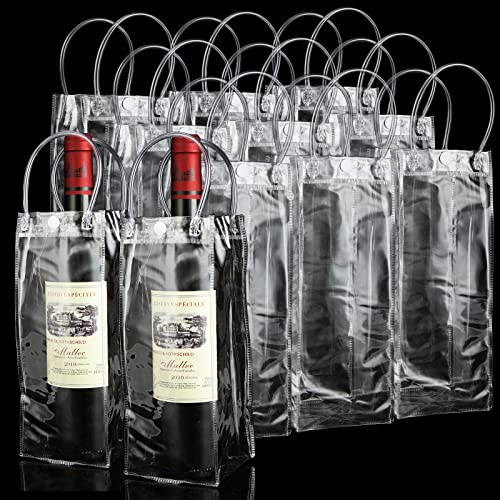 JMIATRY 20PCS Portable Ice Wine Bag, Plastic Clear Wine Bag with Handles | Collapsible Clear Wines Bags, PVC Wines Chiller Sleeves, Plastic Wine Cooler Bags, for Champagne, Beer, White Wine