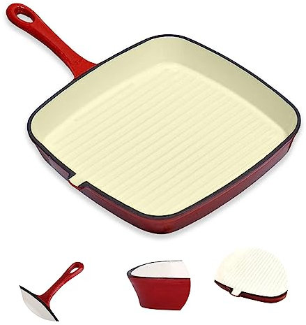 24cm Cast Iron Square Griddle Frying Pan | Pre-Seasoned Non Stick 260°C Oven Proof Skillet Cookware Set All Hob | Easy Grip Handle (H&T-04)
