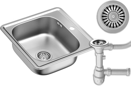 CUADRONEvier de acero inoxidable moderno | Tamaño 48 x 48 x 16 cm Color: Satén | JOE lavabo individual | Fregadero de cocina 1 bandeja | Flujo incluido | Fregadero apto para armarios de 45 cm o más