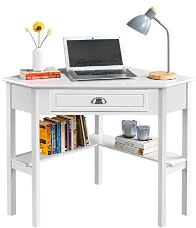 Yaheetech Schreibtisch Ecktisch Platzsparender Computertisch mit Schublade und Regalen Eckschreibtisch für Kleiner Raum, 106 × 71,5 × 77 cm Weiß