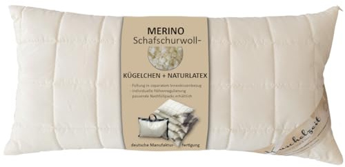 Merino Kopfkissen in 40x80 cm mit Naturlatex Flocken + Schafschurwollkugeln zur individuellen Höhenverstellung - Made in Germany