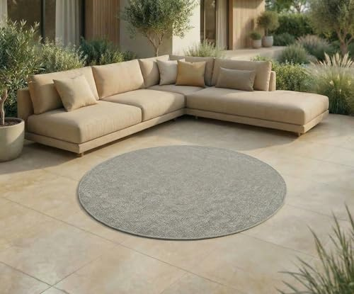 Jimri In- & Outdoor Teppich - Wetterfester Teppich für Balkon, Terrasse, Garten, Wohnzimmer, Küche - Strapazierfähiger Bodenteppich, Widersteht UV-Strahlen & Wasser - Größe 120 cm Rund, Silber