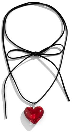 Irikdescia® Herz-Choker-Halskette, Y2K-Schmuck, mit Eleganter Geflochtener Schleife, Verstellbar, Schwarze Samtkette, Herz-Anhänger-Halskette, für Mädchen, Frauen (Rot)