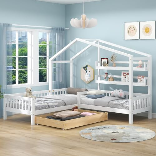 NNJN Kinderbett Hausbett mit Schubladen und Regalen, Massivholz mit Zaun und Lattenrost, L-Struktur(90x200 cm+140x70cm) (Weiß)