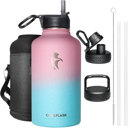 Coolflask Isolierte Wasserflasche 2L, Halbe Gallone Wasserkrug mit Strohhalm & 3 Deckel, Große Isolierte Wasserflasche, Edelstahl Vakuum Wasserflasche für Sport und Reisen, Starry Bubble Gum