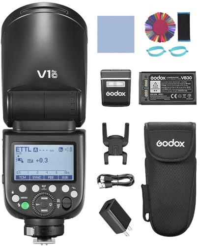 GODOX V1PRO C 2.4G Wireless Speedlite Kamerablitz E-TTL II Automatikblitz mit M/TTL-Blitzmodus 1/8000 s HSS mit Netzteilanschluss und abnehmbarem Sub-Blitz+24 Stück Blitzgele für Canon EOS-Kameras