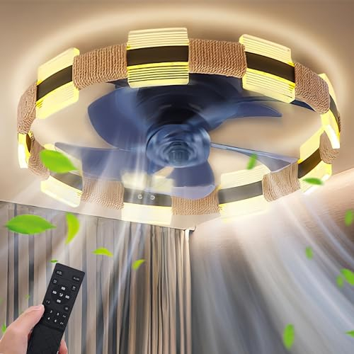 LED Deckenleuchte mit Ventilator und Fernbedienung Leise Deckenventilator mit Beleuchtung Vintage Hanfseil Fan Deckenlampe Dimmbare Lampe mit Ventilator für Wohnzimmer Schlafzimmer Ventilatorlicht
