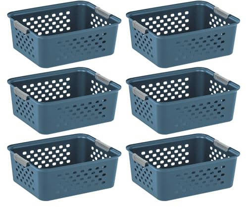 IRIS USA Plastic Storage Basket, 6-Pack, Medium, Shelf Basket Storage Organizer for Pantry, Cabinet, Bedroom, Closet, Laundry Room, Eco-Friendly, Navy