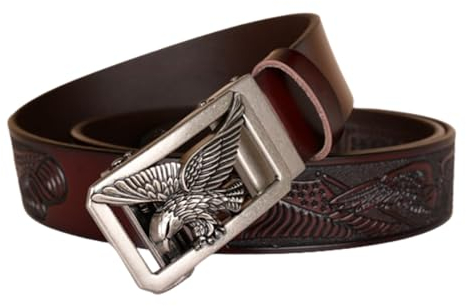 AGUTALITHIC Herren Gürtel mit Adler Flagge Prägung Ledergürtel Ratsche Automatikschließe Geschnitztes Hohl Adler Tier Gürtelschnalle Verstellbarer(125cm/49, Coffee)