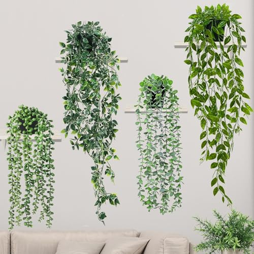 Lighterday Set of 4 Artificial Hanging Plants Fake Plants with Pots Artificial Vines Plants Indoor Outdoor for Wall Home Kitchen Garden Office Decoration (4 HANGING PLANT)