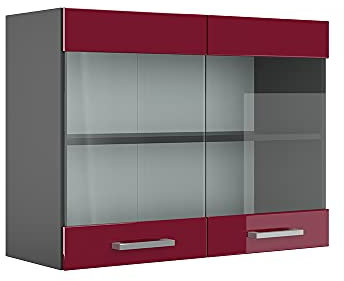 Moderne Glasvitrine Raul Bordeaux Hochglanz/Anthrazit 80cm Stilvolle Vitrine Möbel für Wohnzimmer oder Esszimmer Modernes Design mit LED Leuchten und verstellbaren Einlegeböden