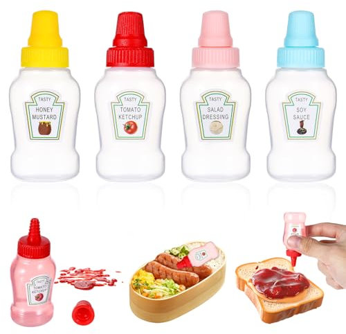 Gjinxi 23ml Mini Ketchup Bottles, 4PCs Small Sauce Squeeze Bottle with Screw Cap, Refillable Containers Bottles, Portable Ketchup Honey Salad Bottle Dispensers for Office, Lunch Box, Picnic
