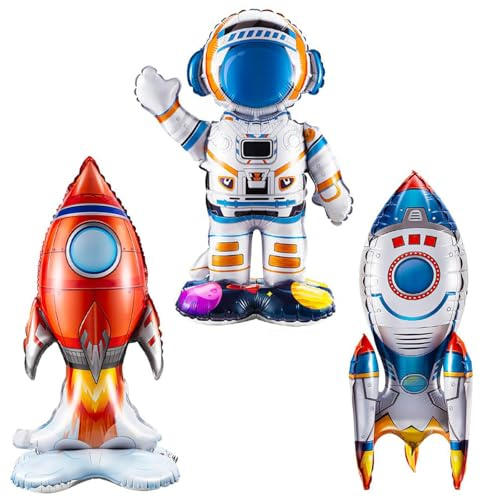 YUNHENTONG Folienballons Weltraum 4D, 3 Stück Luftballons Weltraumparty Deko, Stehender Astronaut Rakete Raumschiff Balloons, XL Weltraum Folienballon für Kinder Geburtstagsparty