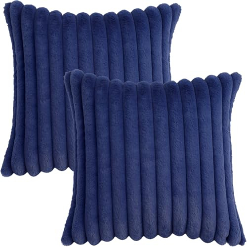 Tennove Kissenbezug 40x40cm Weiches Kunstpelz Plüsch Dekorative Kissenbezüge Gestreifte Flauschige Dekokissen Kopfkissenbezug Kissenhülle 2er Set für Home Wohnzimmer Schlafzimmer, Dunkelblau
