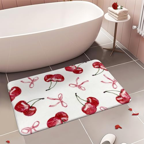 APROPHIC Kirschen Badezimmerteppich 50x80 cm, Rosa Schleife rutschfest und Waschbar Badematte, Superfeine Mikrofaser Saugfähiger Badeteppich, Geeignet für Badewanne, Badezimmer, Waschküche