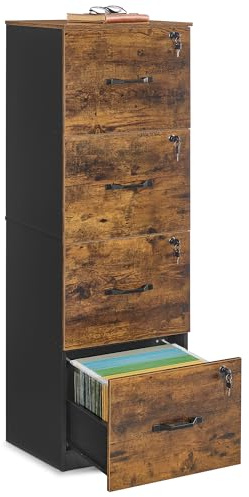 VASAGLE CUSTOS Collezione - Cassettiera da Ufficio, Mobile per Documenti, Supporto per Stampante, 4 Cassetti, Barre Sospese Regolabili, per A4 e Lettera, Marrone Vintage e Nero Inchiostro OFC082K02