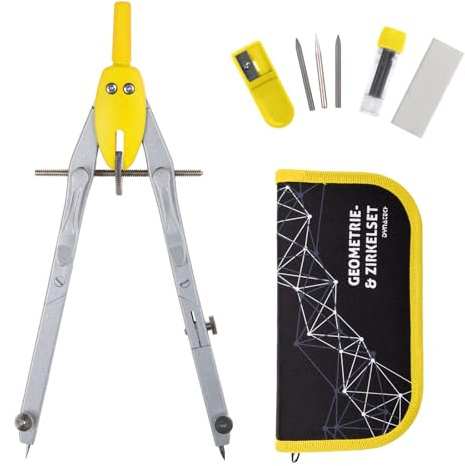 DynaTech Zirkel Geometrie-Set Gelb 13-teilig inkl. Schnellverstellzirkel mit Federmäppchen, 2 Ersatzminen, Etui und Zubehör für Schule Uni und Büro