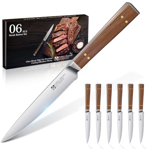 Purple Dragon Set de 6 Couteaux à Steak Couteaux à Steak à Lame Polie avec Manche en Bois Ergonomique Utensiles de Cuisine en Acier Inoxydable Haute Qualité Cadeau pour Emménagement Anniversaire