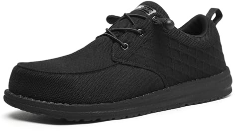 Men's Safety Loafers Slip On Steel Toe Work Shoes - Wide Toe Box with Orthopedic Arch Support, Lightweight Non-Slip Casual Loafers for Walking, Work & Lounge Size 9 Black