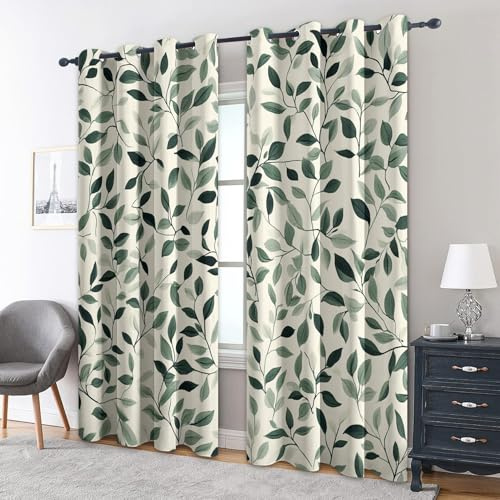 Leaf Curtains Bedroom, 46x72 - Plant Green Blackout Curtains & Decor, Living Room, Eyelet Patterned Window Drapes, 72 Inch Drop 2 Panels （PUI10）