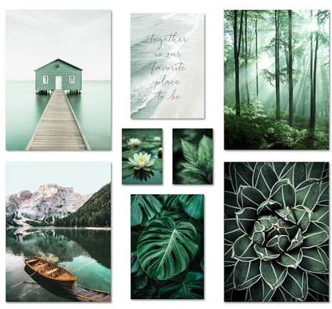 ARTFAVES® Poster Set - PETROL NATURE - mehrteilige Wanddeko Wohnzimmer & Schlafzimmer - 8 moderne Wandbilder grün, wald, natur, petrol-grün, pflanzen, berg, see - ohne Bilderrahmen