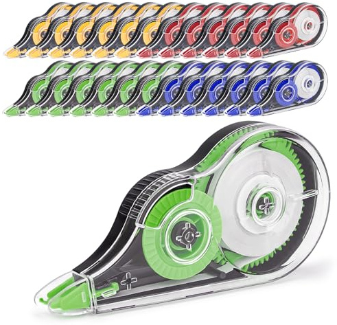 JEFURE 24 Stück Korrekturroller Set, 12m x 5mm Korrekturmaus, Korrekturband mit Schutzkappe und Kleberoller, Klebemaus für Büro, Schuler und Zuhause(4 Farben)