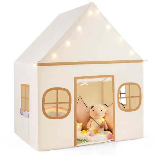 COSTWAY Lekhus barn inomhus, barntält med stjärnljus och vadderad matta, lektält med dörrgardin och fönster, barnhus för pojkar och flickor från 3 år (beige + svart)