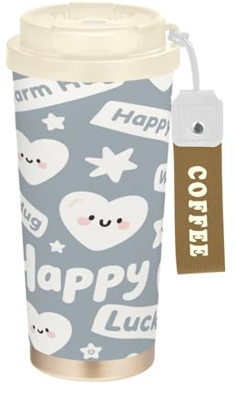 miaozhen Vasos de viaje con diseño de estrella en forma de corazón, color gris y blanco, para café con tapa, tazas para café, acero inoxidable para frío y caliente, 17 onzas, a prueba de fugas
