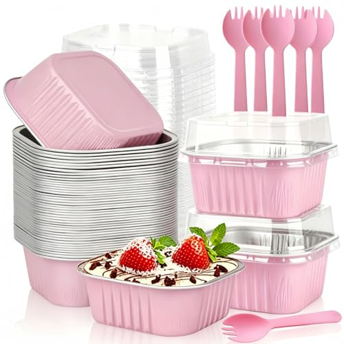 50Pcs Mini Cake Cases with Lids and Spoons, 150ml Aluminum Foil Baking Pans | Reusable Aluminum Square Baking Cups, Small Loaf Cups Tart Pie Cupcake Containers for Bread Dessert