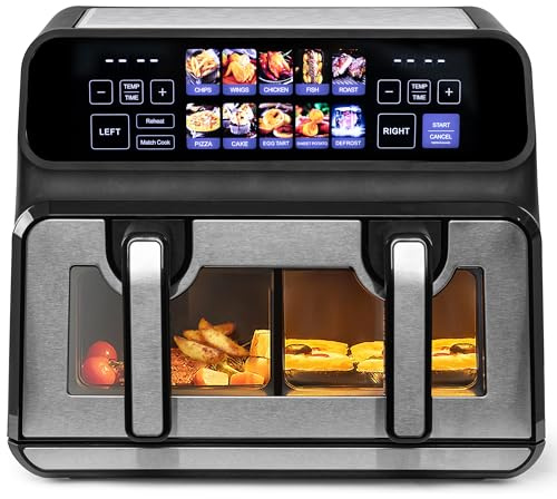 Heißluftfritteuse Doppelkammer 9L, 2 unabhängig einstellbare Kammern, mit Touch-Display und integriertem Sichtfenster, 1700W, silber/edelstahl