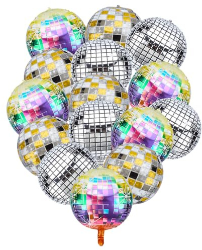 NICENEEDED 15 pz Palloncini Rotondi Colorati A Forma di Palla da Discoteca, Palloncino da 22 Pollice 4D A Tema Discoteca per Bambini 70 Anni, 80 Anni e 90 Anni
