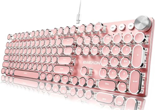 EWEADN - Teclado mecánico estilo máquina de escribir, teclados de máquina de escribir con cable, 104 teclas retroiluminadas, teclado de metal LED, perilla de control multimedia, teclado de computadora
