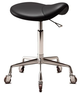 Tabouret Roulettes Selle de Cheval Réglable en Hauteur 43-58cm Tabouret Ergonomique Professionnel Base en Métal Robuste pour Bureau EsthéTique Salon Tatouage(Black)