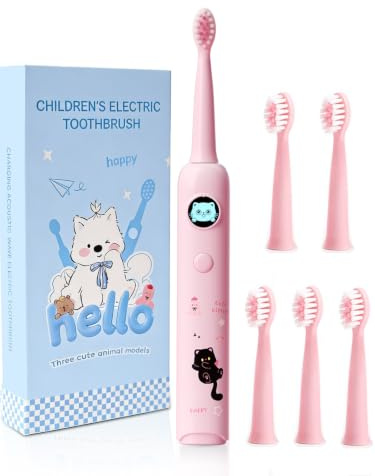 Huedbeads Kids Electric Toothbrush, Sonic Rechargeable Toothbrush with 6 Replacement Heads, Soft Bristle, IPX7 Waterproof, LED Display, Oral Care for Toddlers & Children Aged 2+ Years (Pink)