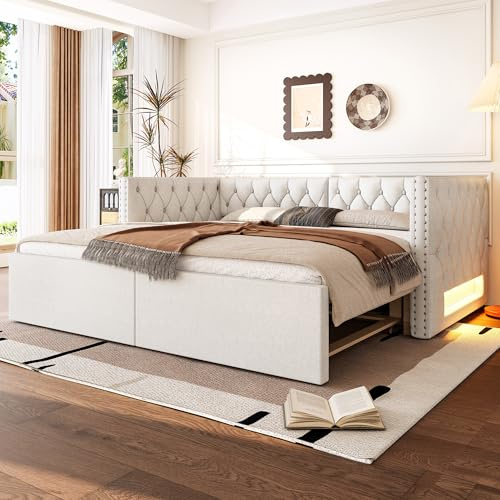 Azkoeesy Sofá Cama extraíble con iluminación LED, 90x200 cm / 180x200 cm, Cama Individual tapizada, Convertible en Cama Doble, Cama de Invitados, Material de Lino, para niño y Adulto, Color Beige