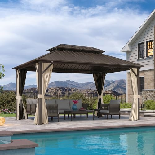 PURPLE LEAF Tonnelle de Jardin Extérieur Aluminium 4,25 x 3 m, Pergola à Double Toit en Acier Galvanisé, Pavillon avec Moustiquaire et Rideaux pour Camping, Fête, Barbecue, Bronze