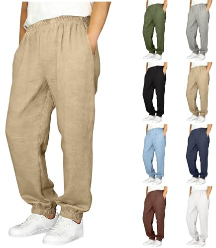 Kids Boys Linen Trousers Tapered Elasticated Waist Casual Loose Linen Trousers Baggy Straight Leg Pants Summer Comfy Beach Travel Outfits Joggers with Pockets for 5-15 Years