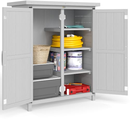 Outsunny Caseta de Jardín de Madera con 4 Estantes 75x40x90 cm Gris | Cobertizo Jardín Exterior, Armario para Almacenaje de Herramientas, 2 Puertas, Techo de Acero Galvanizado, Mueble Exterior
