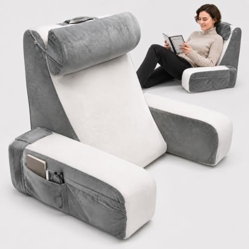 ALLUMK Lesekissen für Erwachsene ergonomisches Rückenkissen mit Armlehnen | Abnehmbarer Bezug, Nackenrolle & Getränkehalter, geeignet für Bett Sofa zum Lesen Fernsehen Gaming