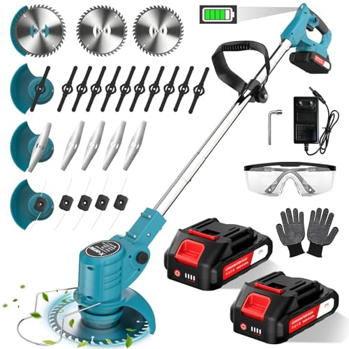 Desbrozadora Bateria –Desbrozadora Electrica con 2 Baterías y 4 Tipos de Cuchillas, Cabeza Giratoria de 90°, Mango Ajustable, Recortabordes Eléctrico para Jardín, Recorte de Césped, Jardín