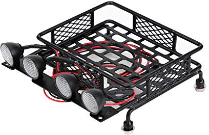 RC Car Roof Rack, Small Size Roof Rack Luggage Carrier with Round LED Light for Axial SCX10 1/10 RC Crawler Car(4 White Light Color)