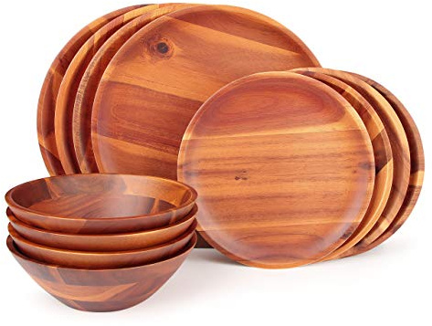 AIDEA Wood Dinnerware Set 12pcs Acacia Wood Tableware Set, Dishes Set for 4