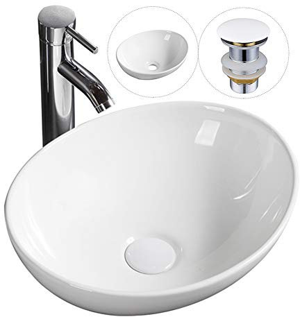 Modern Oval Bathroom Sink Countertop Basin Sink Bathroom Ceramic Vessel Washbasin with Pop Up Waste 400 x 330 x 145mm