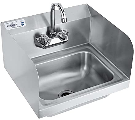 Profeeshaw Commercial Hand Sink with Side Splash Guards, Wall Mount Utility Sink, 304 Stainless Steel Wash Basin with Gooseneck Faucet and Drain Basket for Restaurant and Bar, 17 x 15 Inch