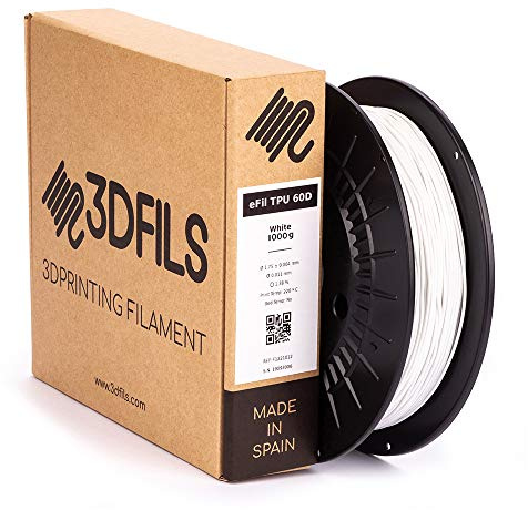 3DFILS - Filamento flexible para impresión 3D eFil TPU 60D: 1.75 mm, 1 Kg, Blanco