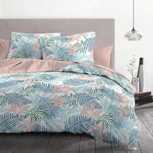 Home Linge Passion Bettbezug, 3-teilig, 100% Baumwolle, 57 Fäden/cm², für Doppelbett, 220 x 240 cm, Amazona, Weiß und Koralle