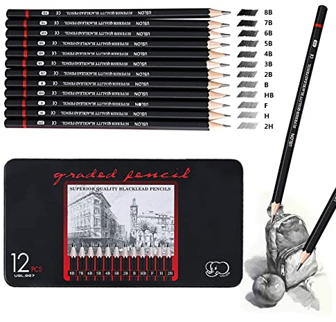 Sketching Pencils,12pcs Drawing Pencil Professional Set 8B 7B 6B 5B 4B 3B 2B B HB F H 2H Art Pencils for Adults Artists Beginners Students Beginners Designers and Kids