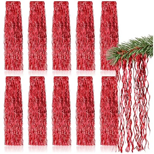 com-four® 10x Lametta - rote Lametta Girlande für Weihnachten - Christbaumschmuck für den Tannenbaum - Lametta-Vorhang mit welligen Fäden (rot - 10 Stück)