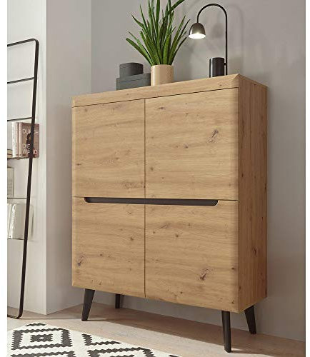Lomadox Highboard 4-TRG, skandinavisches Design, Eiche Artisan mit Schwarz, Masivholzfüße, B/H/T: ca. 107/134/40cm